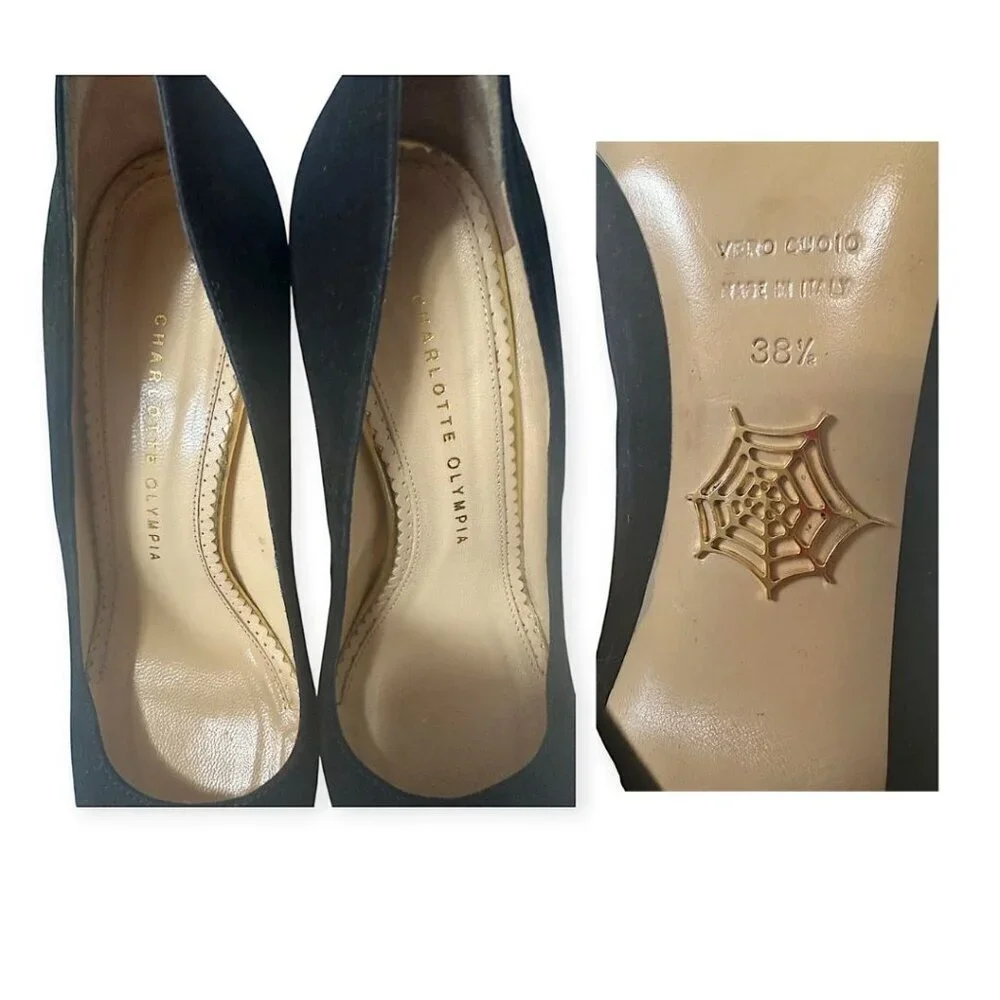 Charlotte Olympia Dolly Platform Pumps, Black Suede-Gold Leather, 38.5 EU